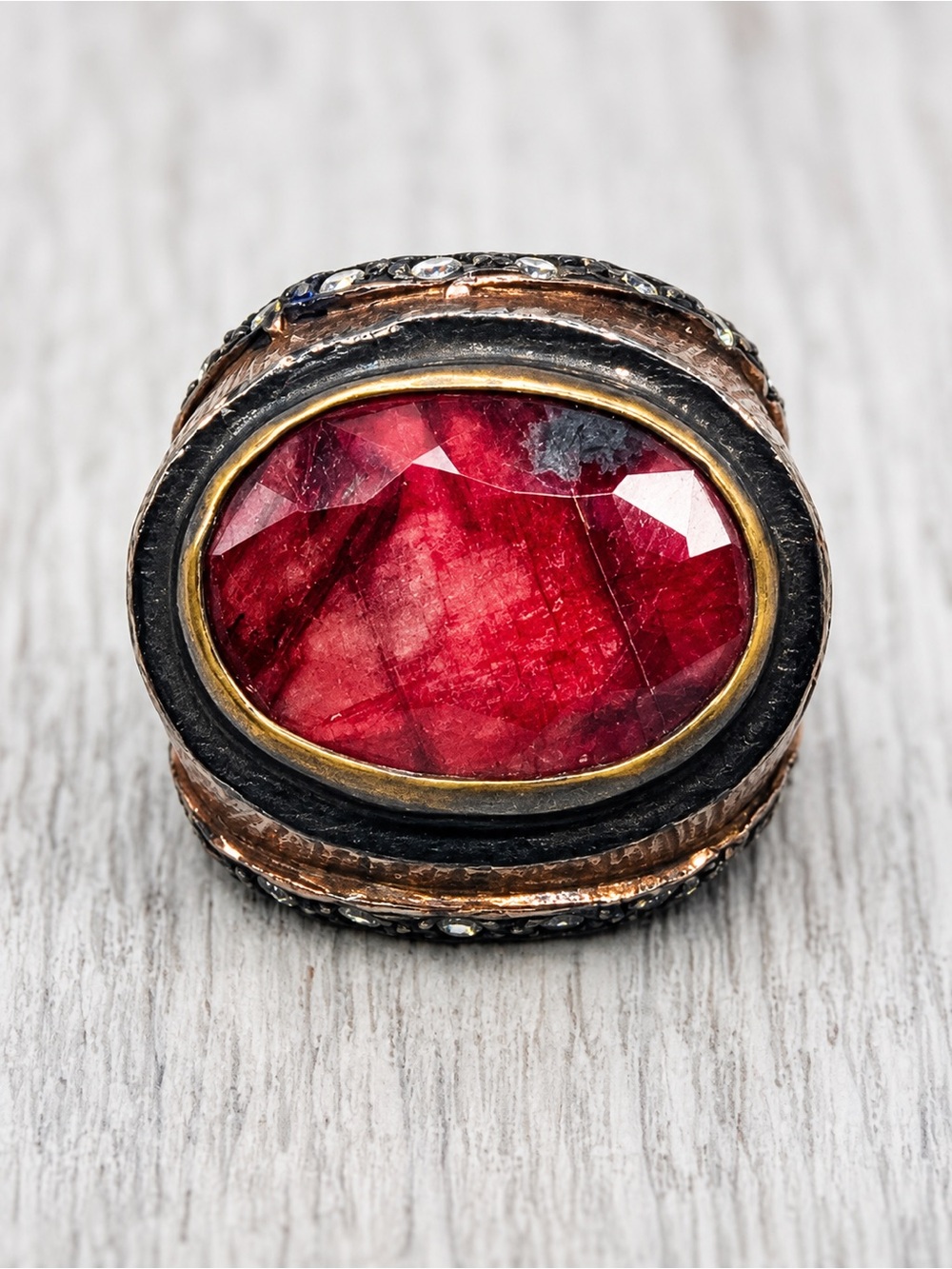517. Ruby Corundum Statement Ring Mixed Metal Glass Accents Size 9